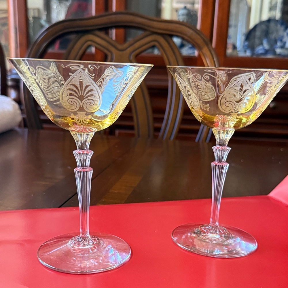 1920’s set of 2 Fostoria Trojan Topaz clear waterfall stem champagne glasses